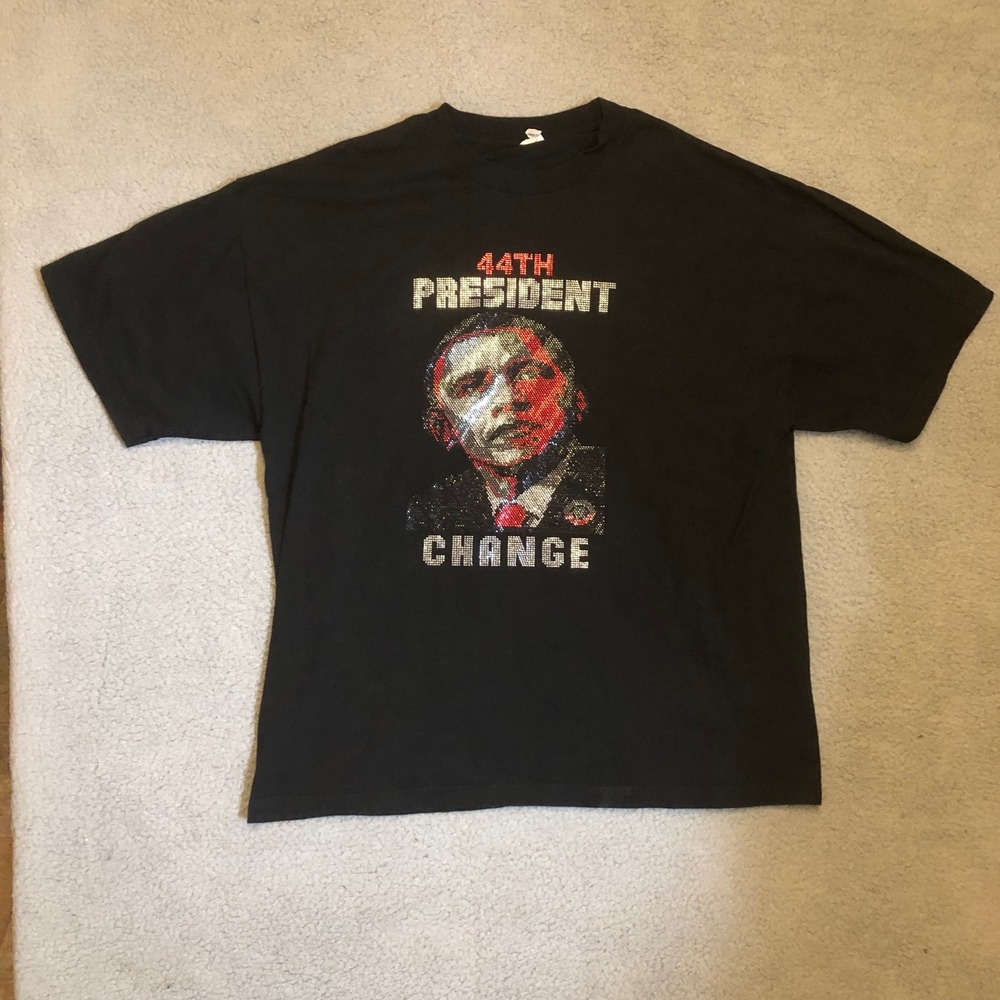Vtg 2009 Obama 44th President Rhinestone Shirt Black Alstyle 2XL 1-20-09 Y2K Tee